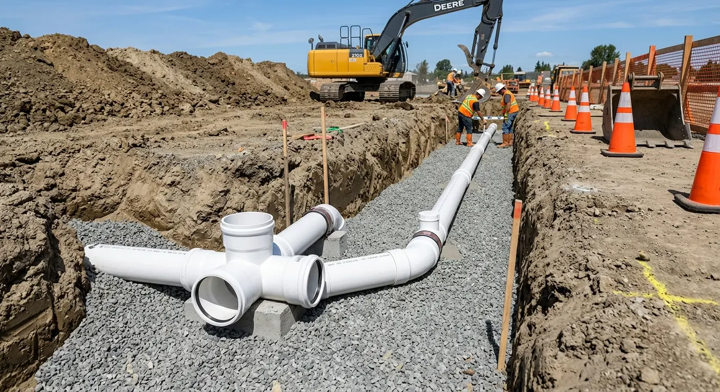 New PVC sewer pipe installation in open trench for Grease Trap Cleaning in American Falls