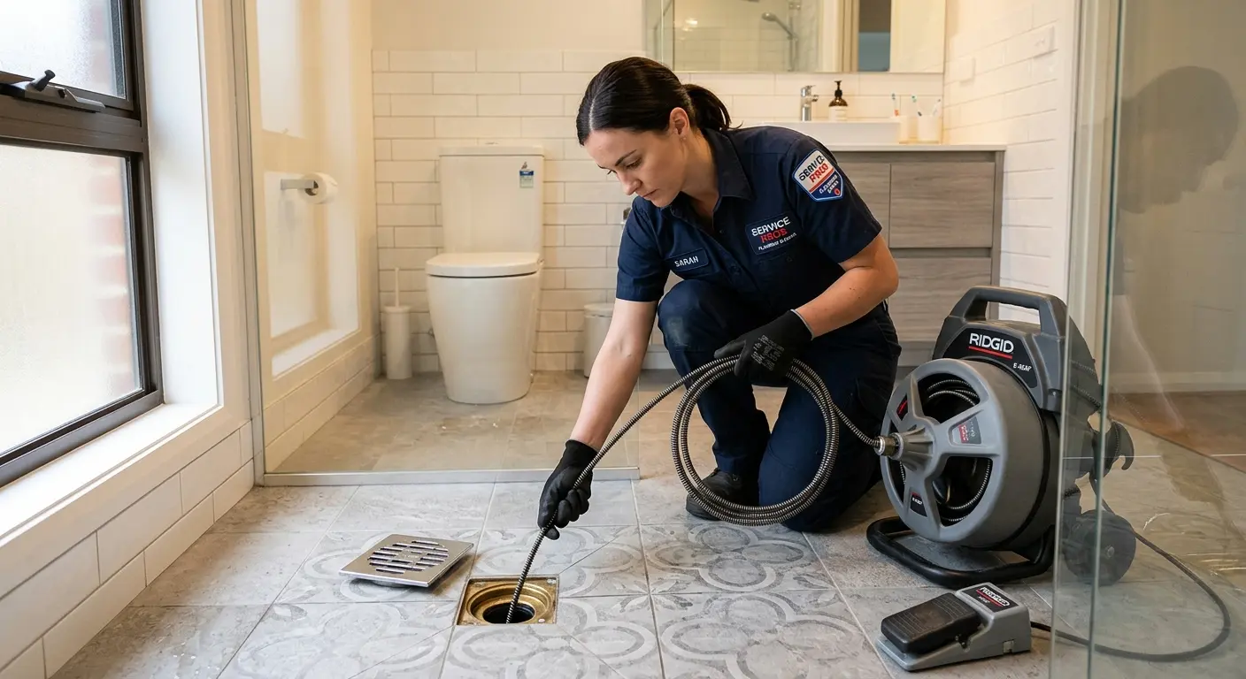 Technician clearing a bathroom floor drain for Sewer Line Installation in American Falls